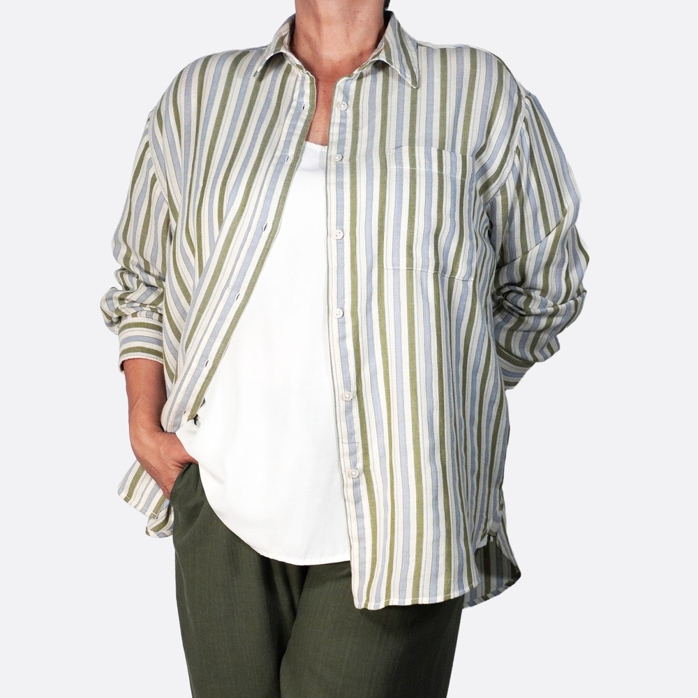 Aerie 100% Cotton XXL 2X Striped Oversized Button Down Shirt Olive Blue NWT